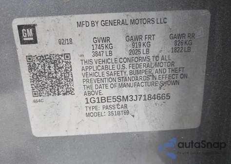 2018 Chevrolet Cruze Lt Auto из США, поврежденный, VIN 1G1BE5SM3J7184665